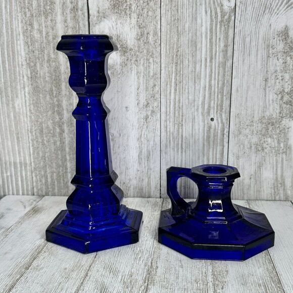 Vintage Cobalt Blue Glass Candle Holders Set of Two - Picture 3 of 6